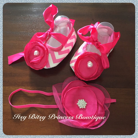 Hot pink chevron Shoes and headband